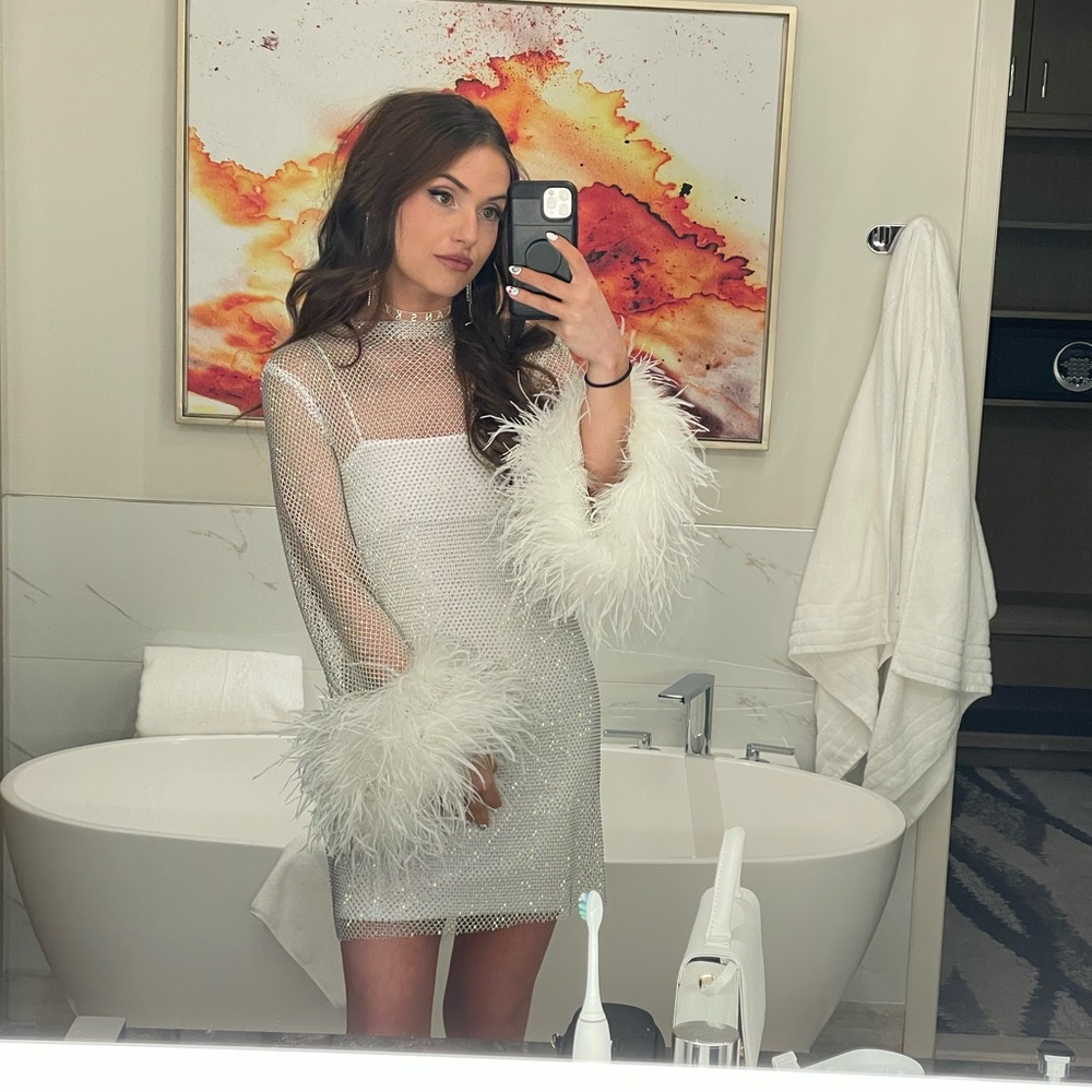 Debbie feather cream stretchable rhinestone mini dress white bachelorette dress